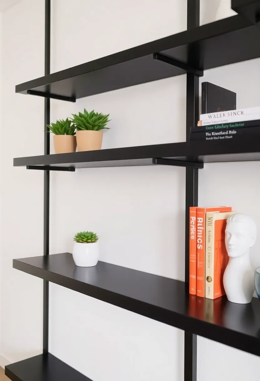 30+ Floating Shelf Ideas for Living Room Décor and Storage 1 30+ Floating Shelf Ideas for Living Room Décor and Storage - 1. Sleek Black Metal Shelves
