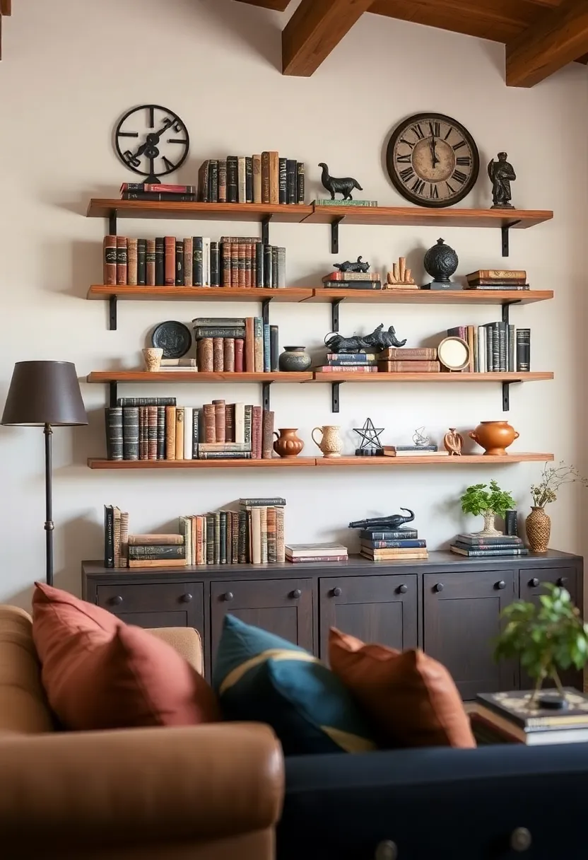 30+ Floating Shelf Ideas for Living Room Décor and Storage 104 30+ Floating Shelf Ideas for Living Room Décor and Storage - 16. Vintage Inspired Shelves