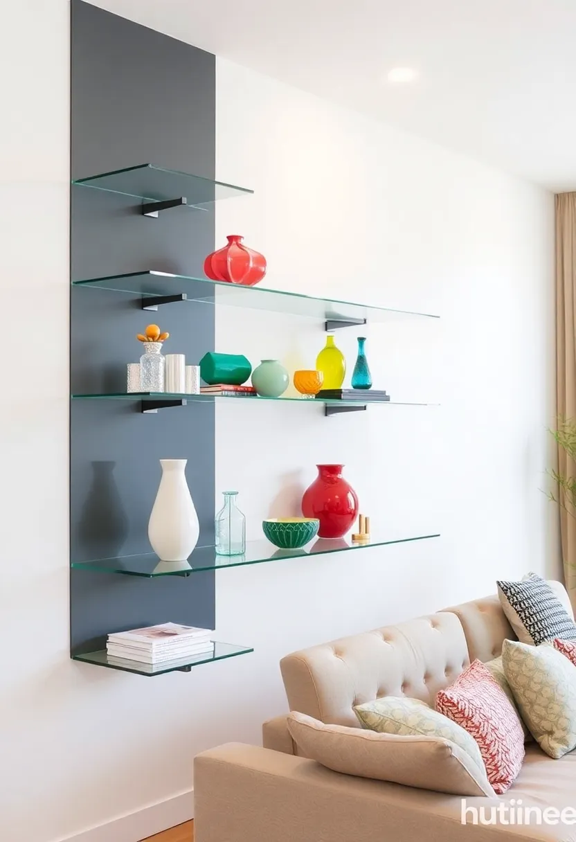 30+ Floating Shelf Ideas for Living Room Décor and Storage 15 30+ Floating Shelf Ideas for Living Room Décor and Storage - 3. Minimalist Glass Shelves
