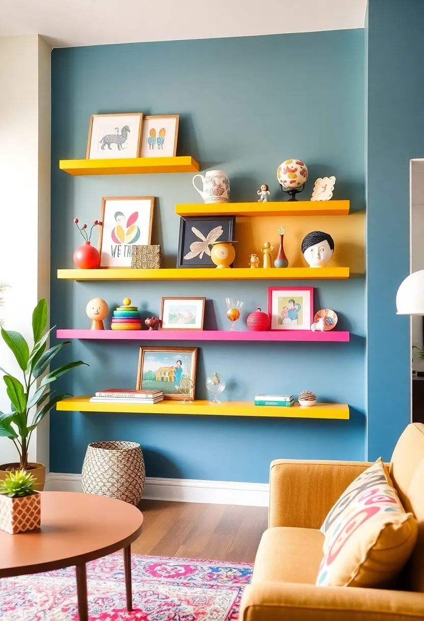 30+ Floating Shelf Ideas for Living Room Décor and Storage 29 30+ Floating Shelf Ideas for Living Room Décor and Storage - 5. Colorful Accent Shelves