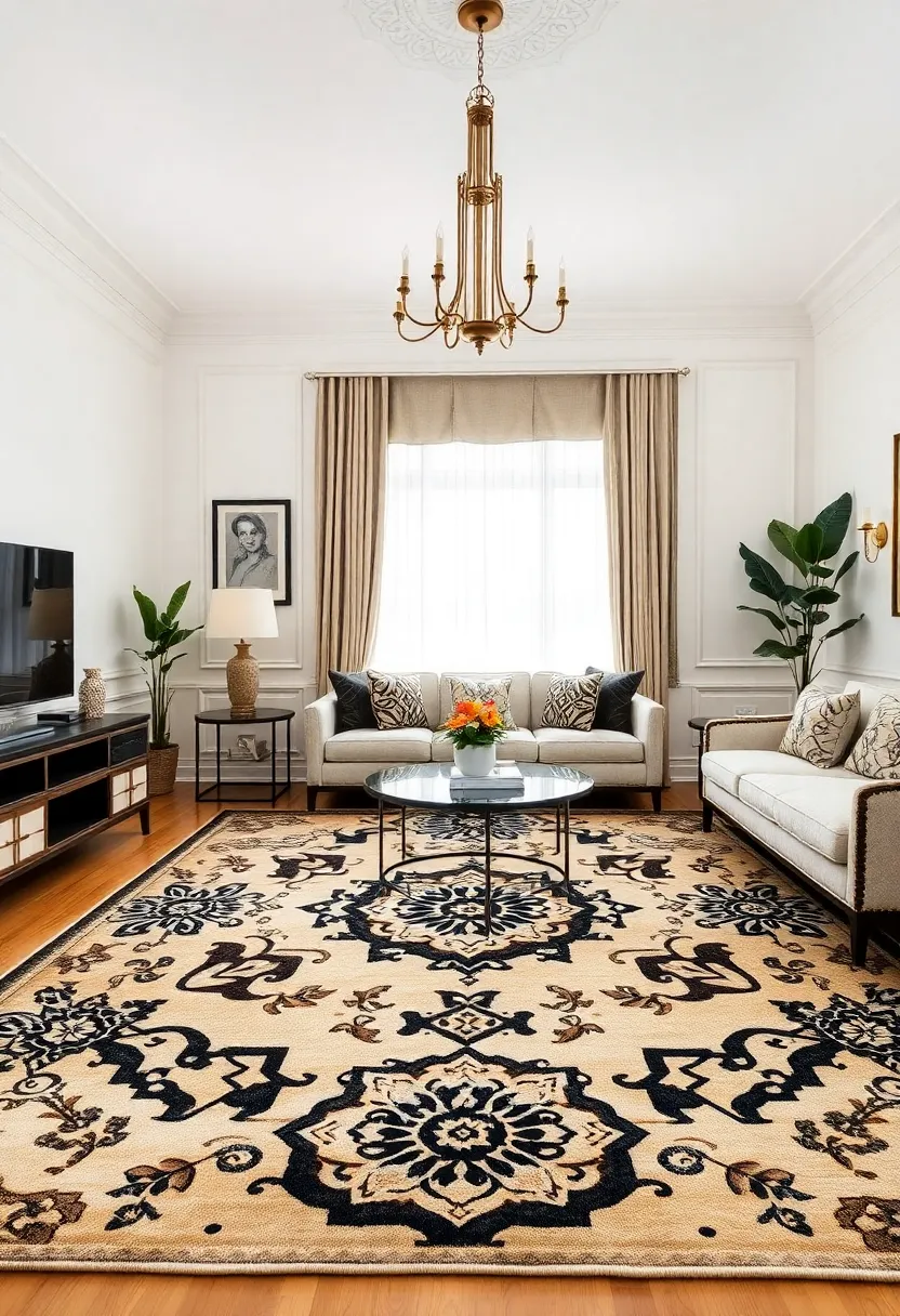30+ Glamorous Art Deco Living Room Ideas for Timeless Elegance - 14. Artistic Rugs