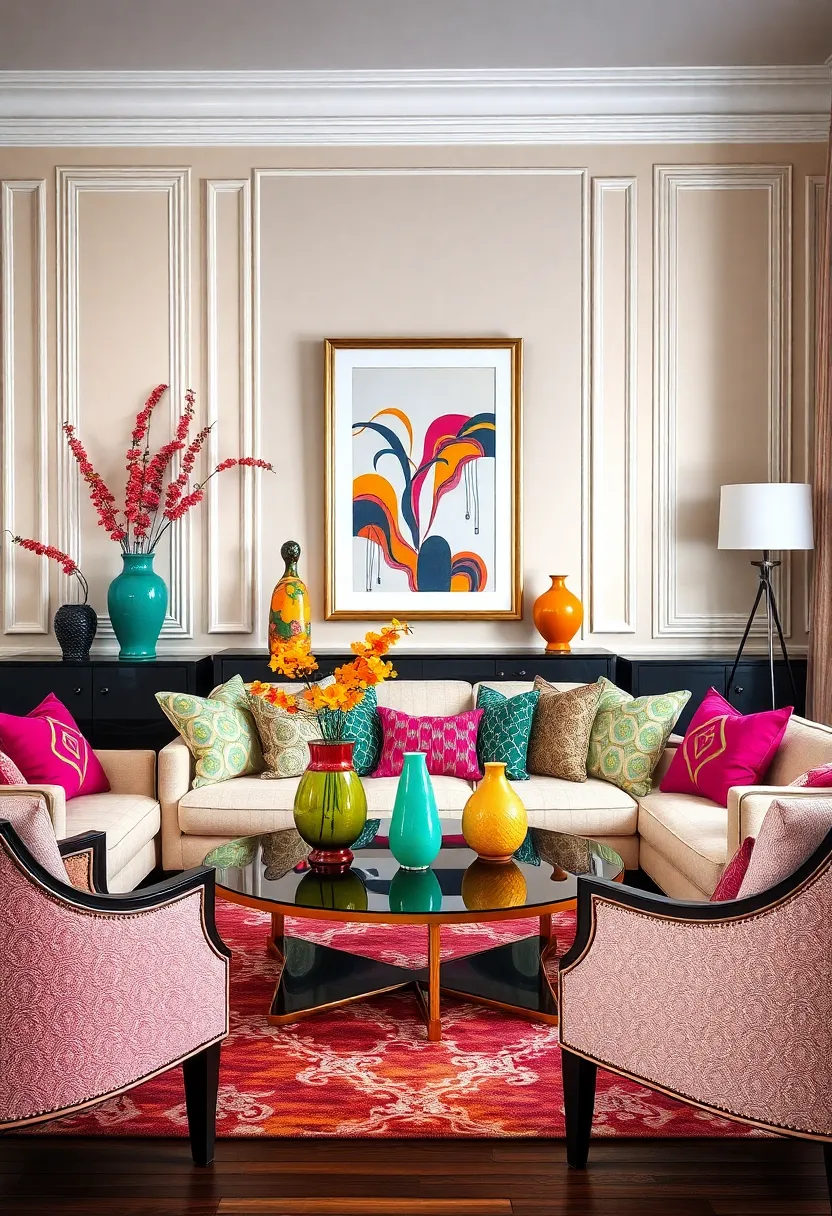 30+ Glamorous Art Deco Living Room Ideas for Timeless Elegance - 22. Colorful Accents