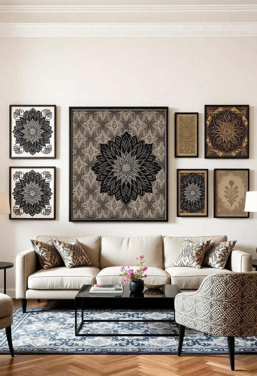 30+ Glamorous Art Deco Living Room Ideas for Timeless Elegance - 29. Framed Textiles