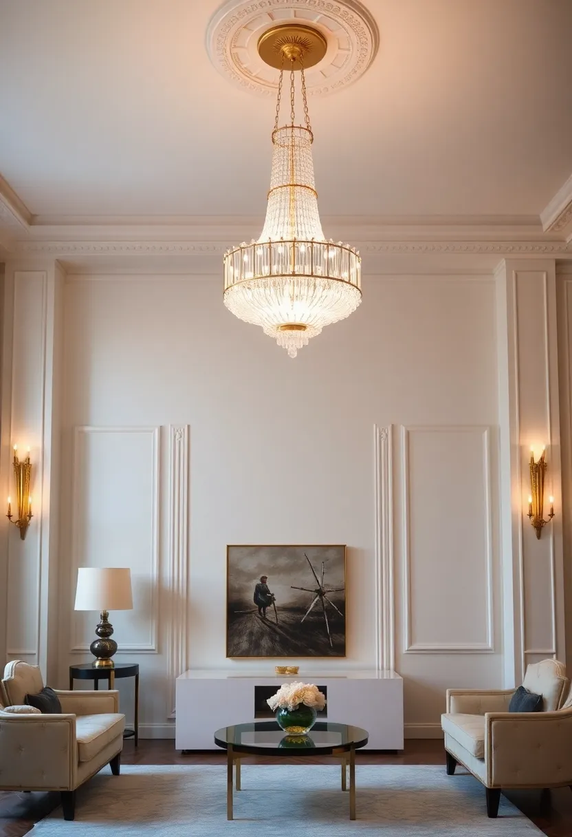 30+ Glamorous Art Deco Living Room Ideas for Timeless Elegance - 3. Statement Lighting Fixtures