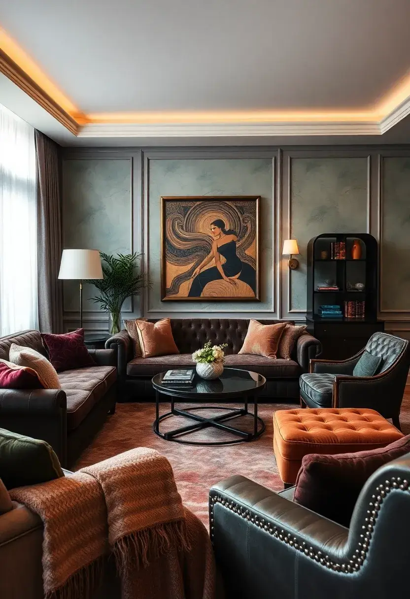 30+ Glamorous Art Deco Living Room Ideas for Timeless Elegance - 7. Rich Textures and Fabrics