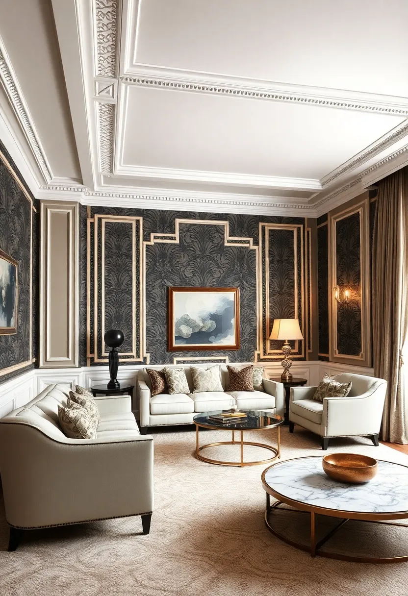 30+ Glamorous Art Deco Living Room Ideas for Timeless Elegance - 8. Artistic Wall Treatments