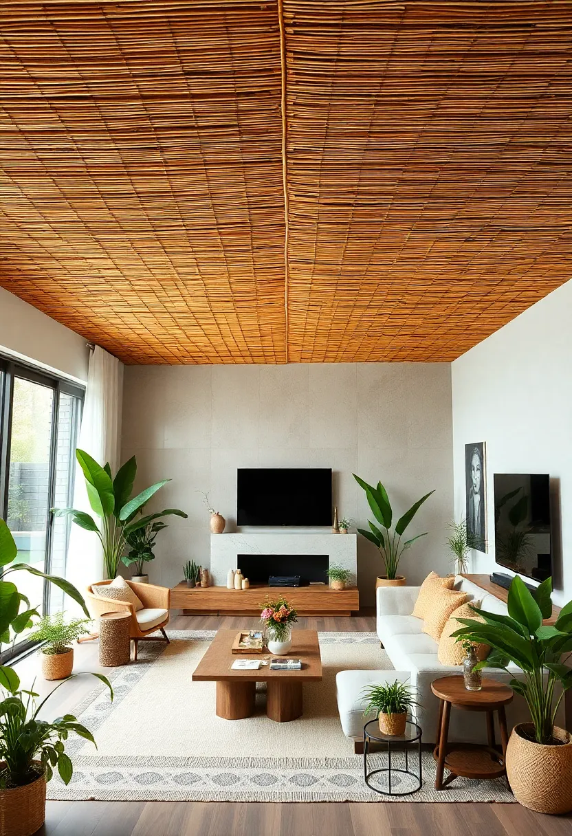30+ Inspiring Living Room Ceiling Ideas for Every Design Style - 11. Organic Bamboo Ceilings