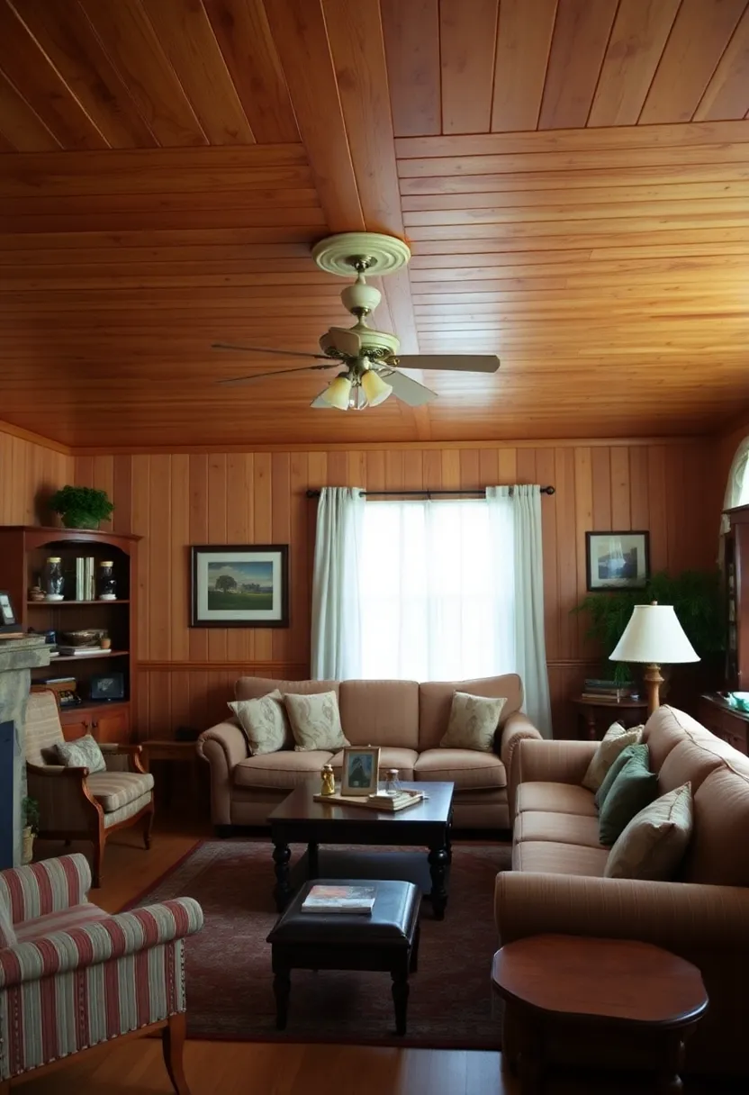 30+ Inspiring Living Room Ceiling Ideas for Every Design Style - 12. Vintage Wood Paneling