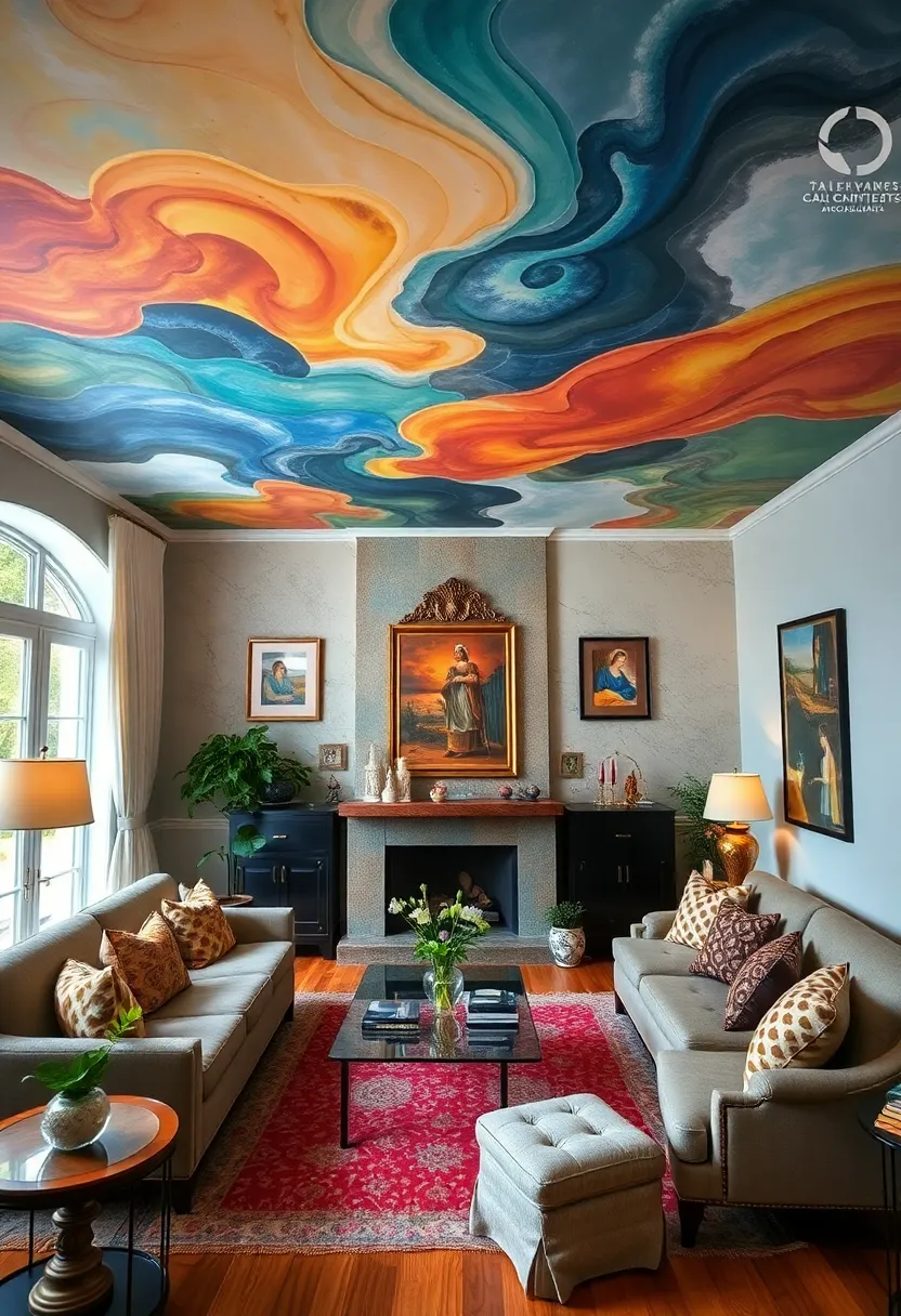 30+ Inspiring Living Room Ceiling Ideas for Every Design Style - 13. Artistic Ceiling Murals