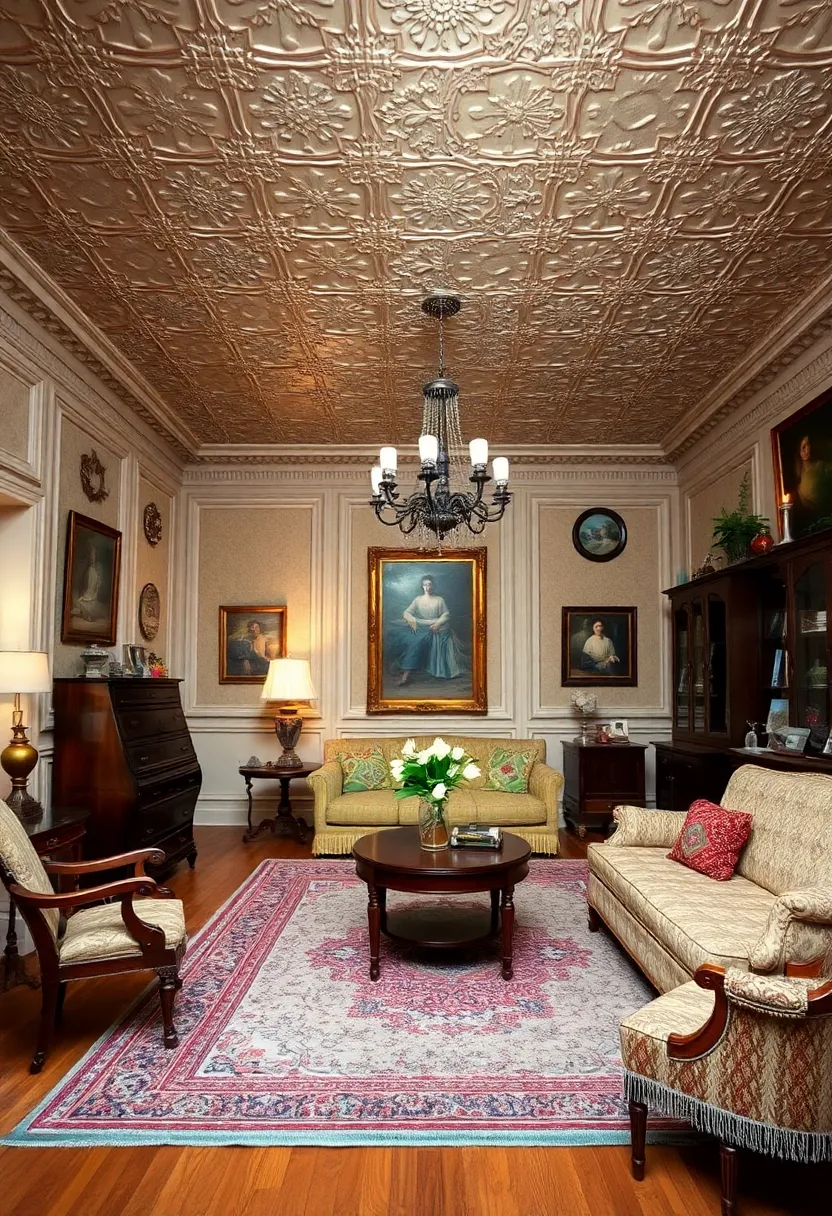 30+ Inspiring Living Room Ceiling Ideas for Every Design Style - 16. Vintage Tin Ceiling Tiles