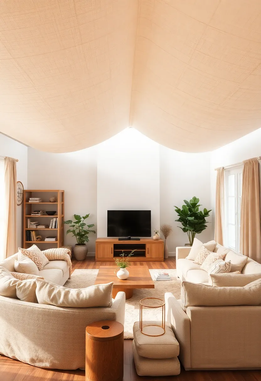 30+ Inspiring Living Room Ceiling Ideas for Every Design Style - 23. Sustainable Fabric Ceilings