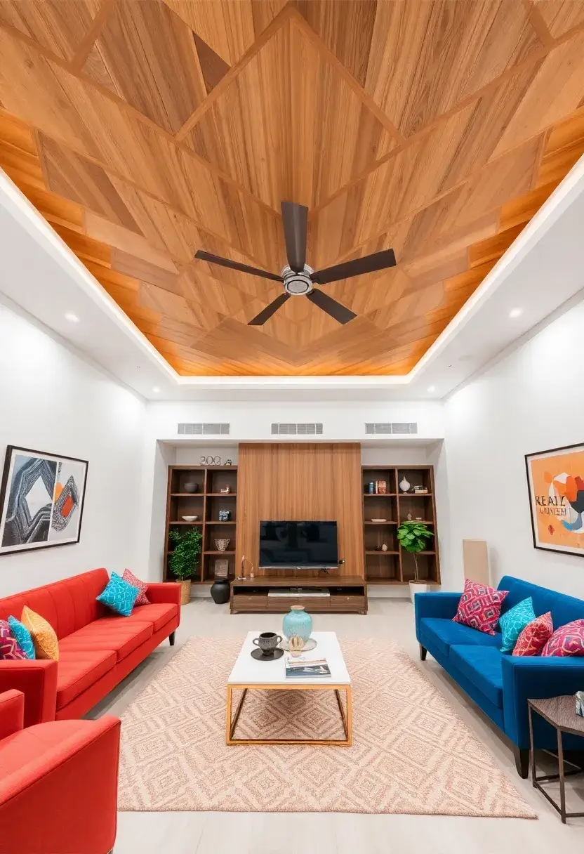 30+ Inspiring Living Room Ceiling Ideas for Every Design Style - 6. Geometric Patterns in Wood