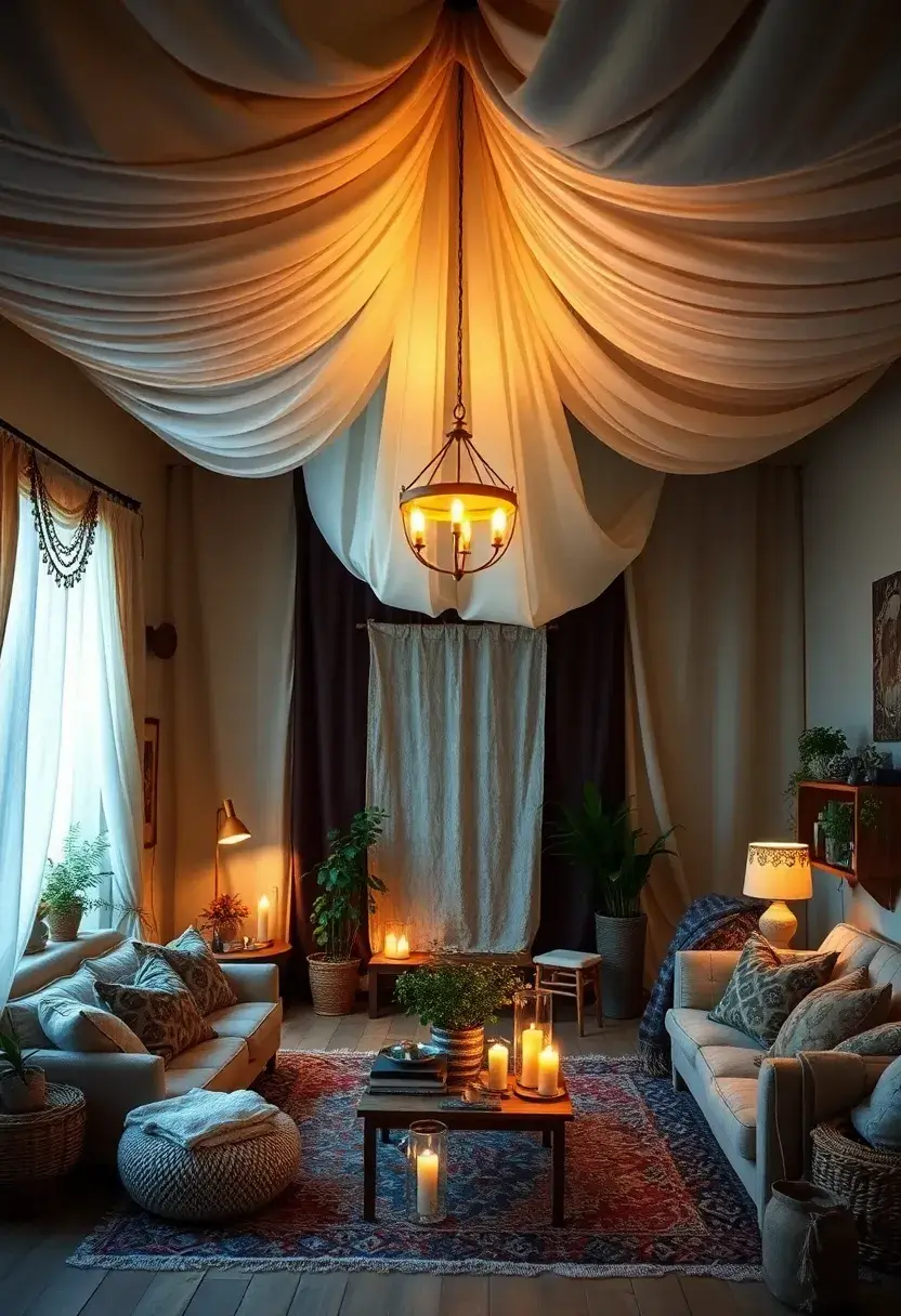 30+ Inspiring Living Room Ceiling Ideas for Every Design Style - 8. Fabric Draped Ceilings