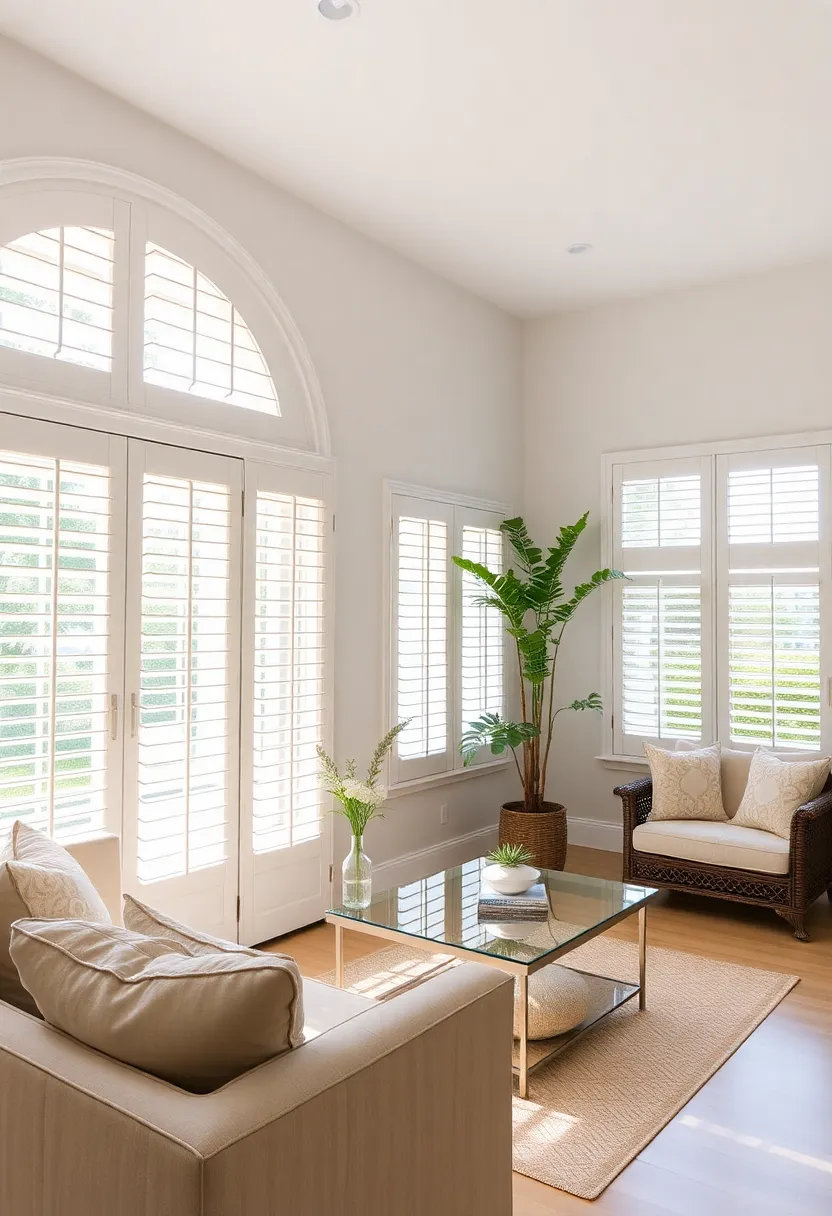 30+ Large Window Ideas for Living Room Light and View - 25. Louvered Windows