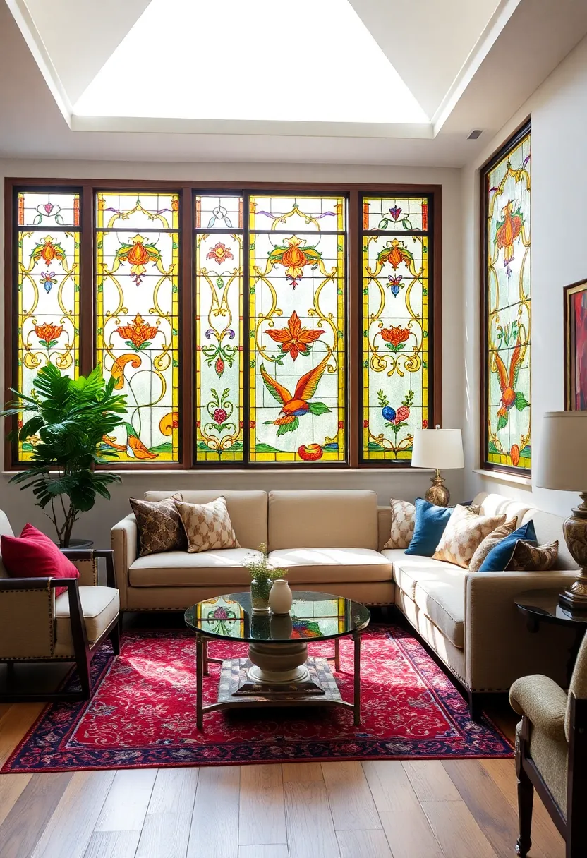 30+ Large Window Ideas for Living Room Light and View - 27. Stained Glass Panels