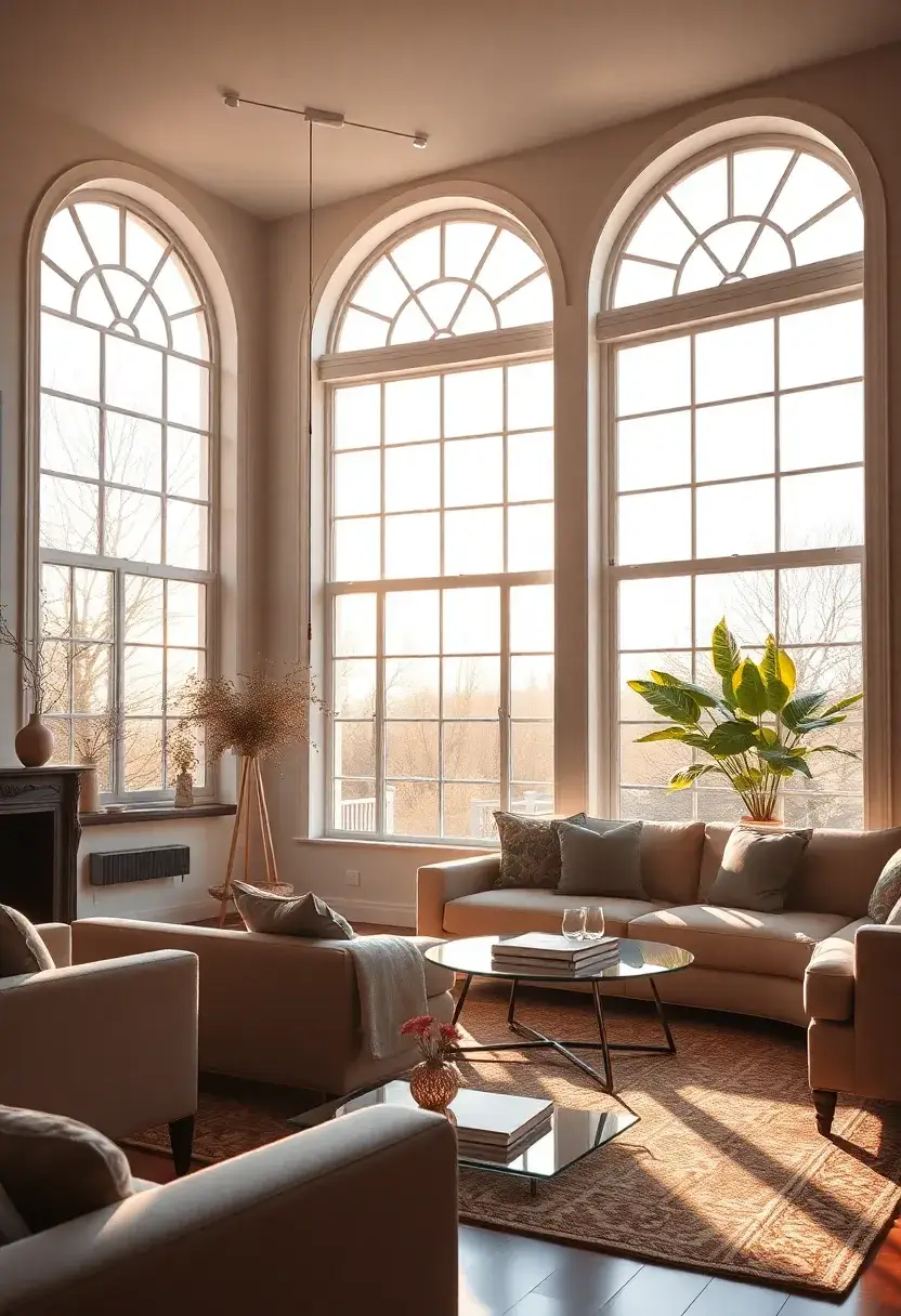 30+ Large Window Ideas for Living Room Light and View - 29. Roman-Style Windows