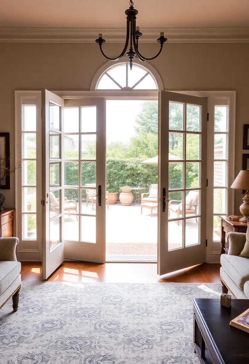 30+ Large Window Ideas for Living Room Light and View - 3. French Doors Leading to a Patio