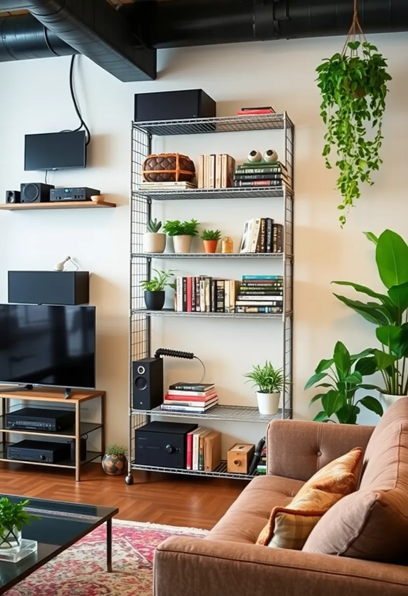 30+ Living Room Entertainment Center Ideas That Combine Style and Storage 61 30+ Living Room Entertainment Center Ideas That Combine Style and Storage - 11. Wire Rack Shelves