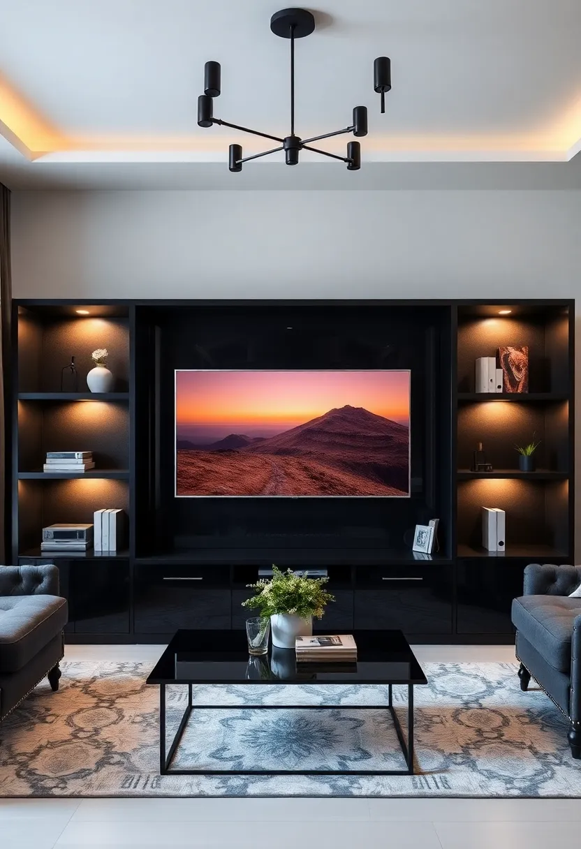 30+ Living Room Entertainment Center Ideas That Combine Style and Storage 79 30+ Living Room Entertainment Center Ideas That Combine Style and Storage - 15. Sleek Black Entertainment Center
