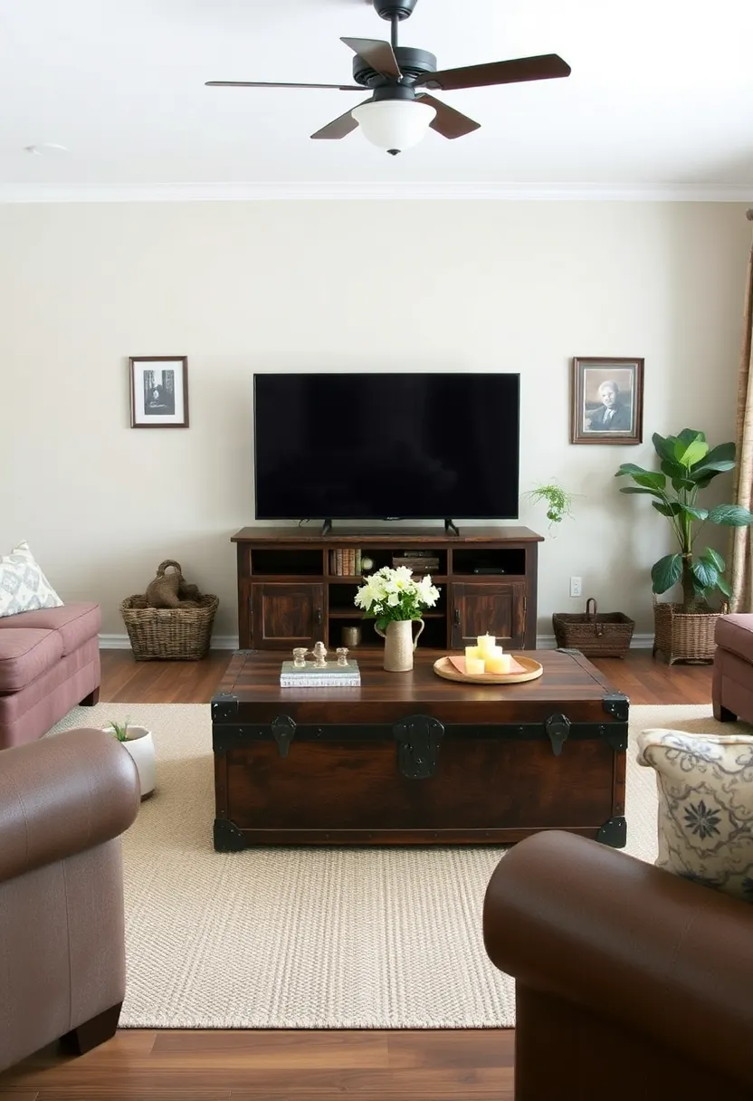 30+ Living Room Entertainment Center Ideas That Combine Style and Storage 97 30+ Living Room Entertainment Center Ideas That Combine Style and Storage - 19. Vintage Trunk Coffee Table