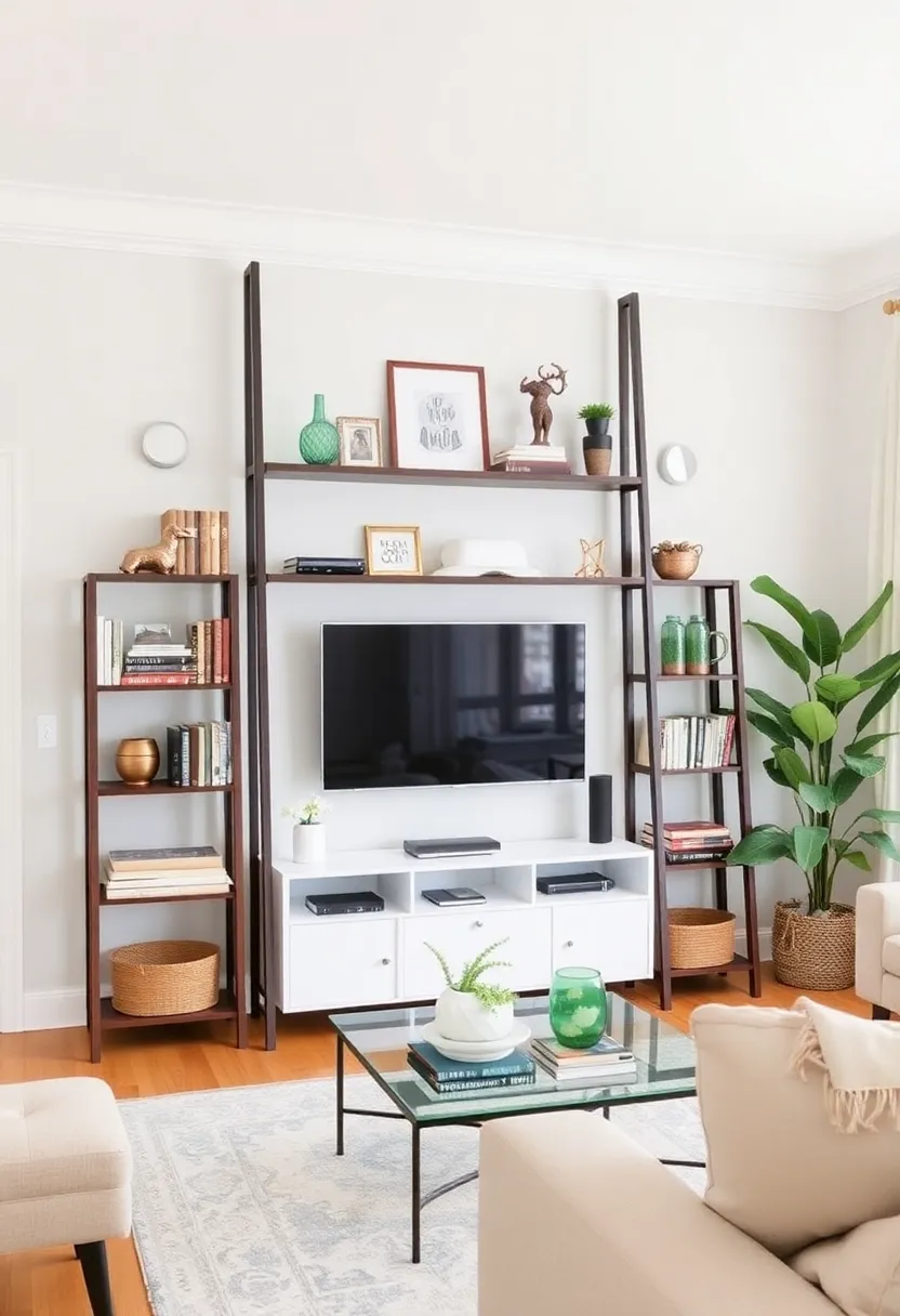 30+ Living Room Entertainment Center Ideas That Combine Style and Storage 102 30+ Living Room Entertainment Center Ideas That Combine Style and Storage - 20. Decorative Ladder Shelf