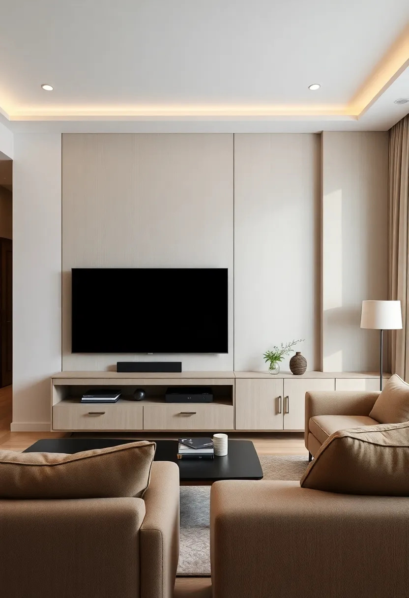 30+ Living Room Entertainment Center Ideas That Combine Style and Storage 121 30+ Living Room Entertainment Center Ideas That Combine Style and Storage - 23. Neutral Toned Media Wall