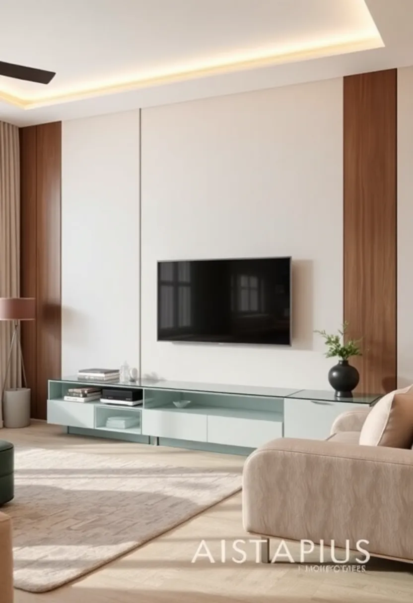 30+ Living Room Entertainment Center Ideas That Combine Style and Storage 156 30+ Living Room Entertainment Center Ideas That Combine Style and Storage - 28. Sleek Glass Entertainment Center