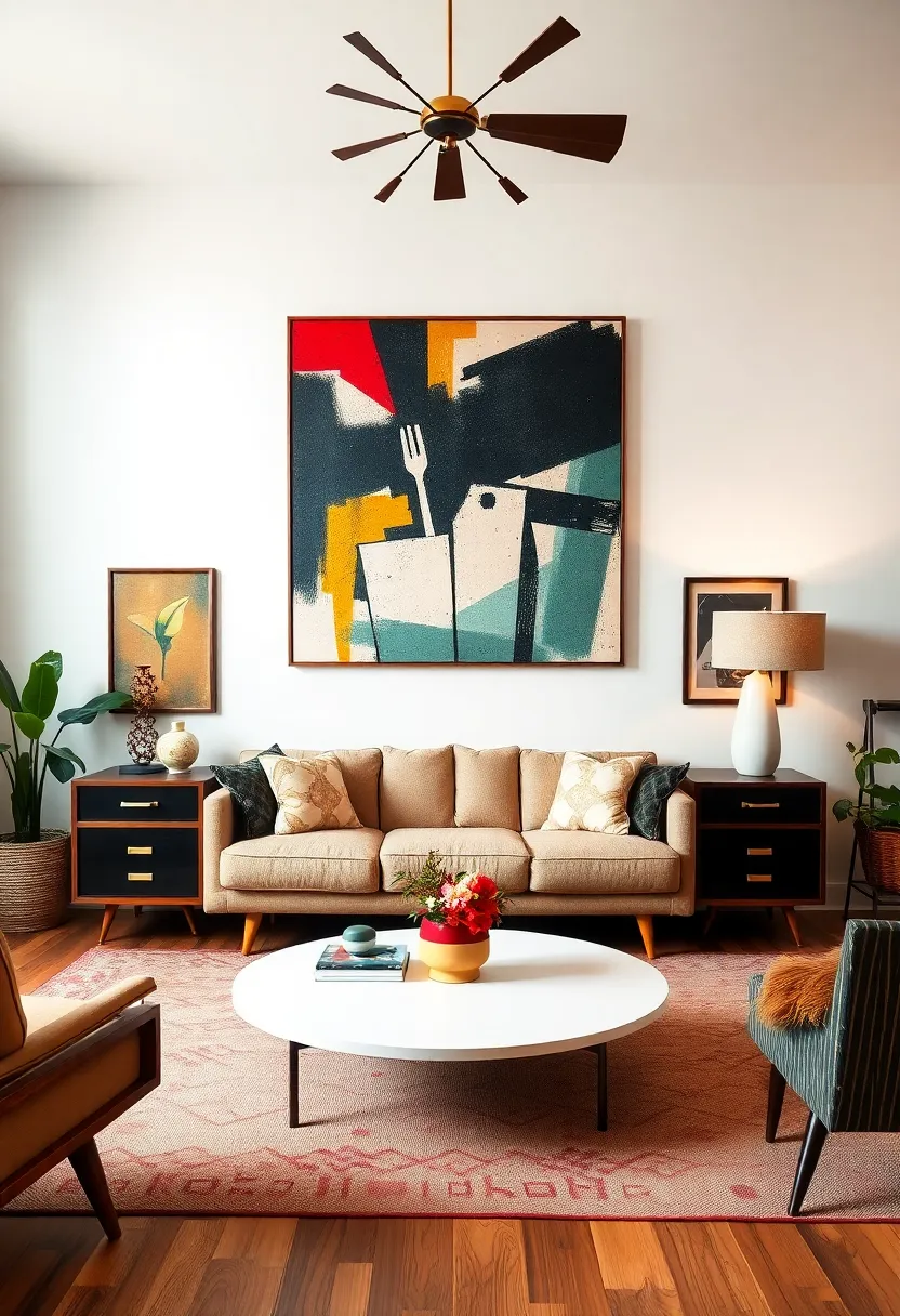 30+ Retro Living Room Ideas with a Nostalgic Twist - 10. Choose Statement Art Pieces