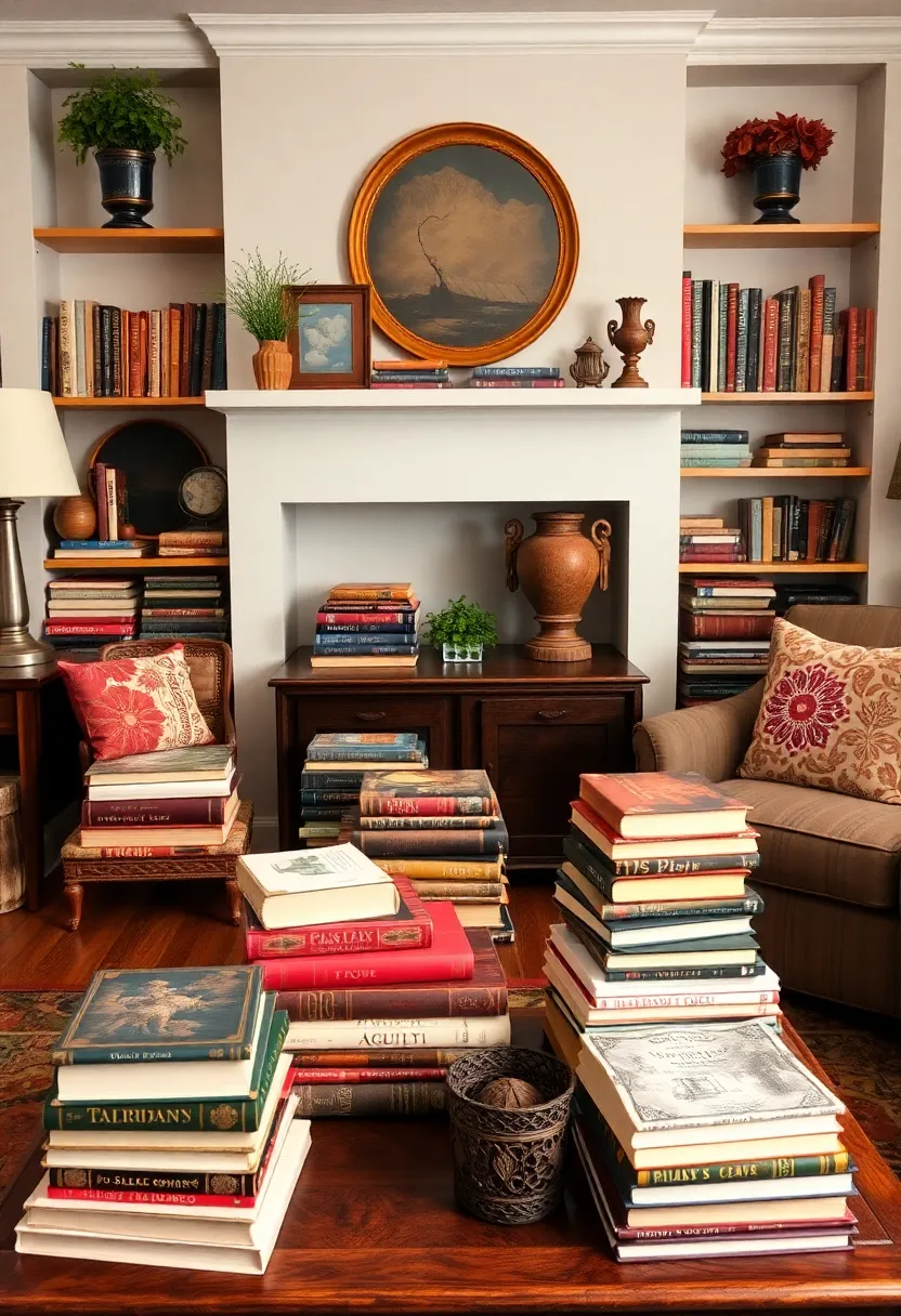 30+ Retro Living Room Ideas with a Nostalgic Twist - 12. Use Vintage Books as Decor