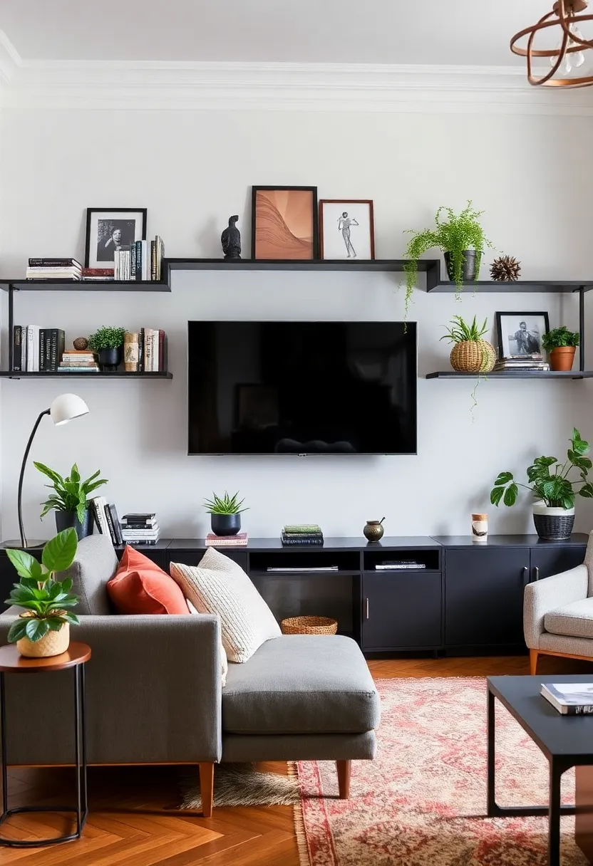 30+ Retro Living Room Ideas with a Nostalgic Twist - 14. Opt for Unique Shelving Solutions