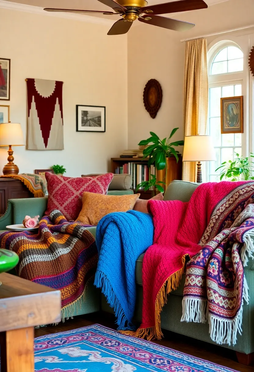 30+ Retro Living Room Ideas with a Nostalgic Twist - 15. Don’t Forget the Throw Blankets