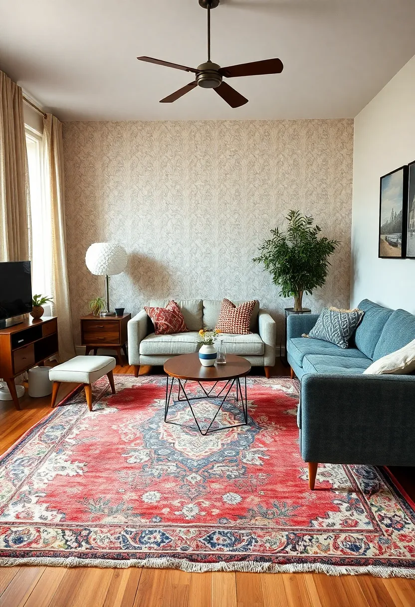 30+ Retro Living Room Ideas with a Nostalgic Twist - 16. Vintage Rugs for Character