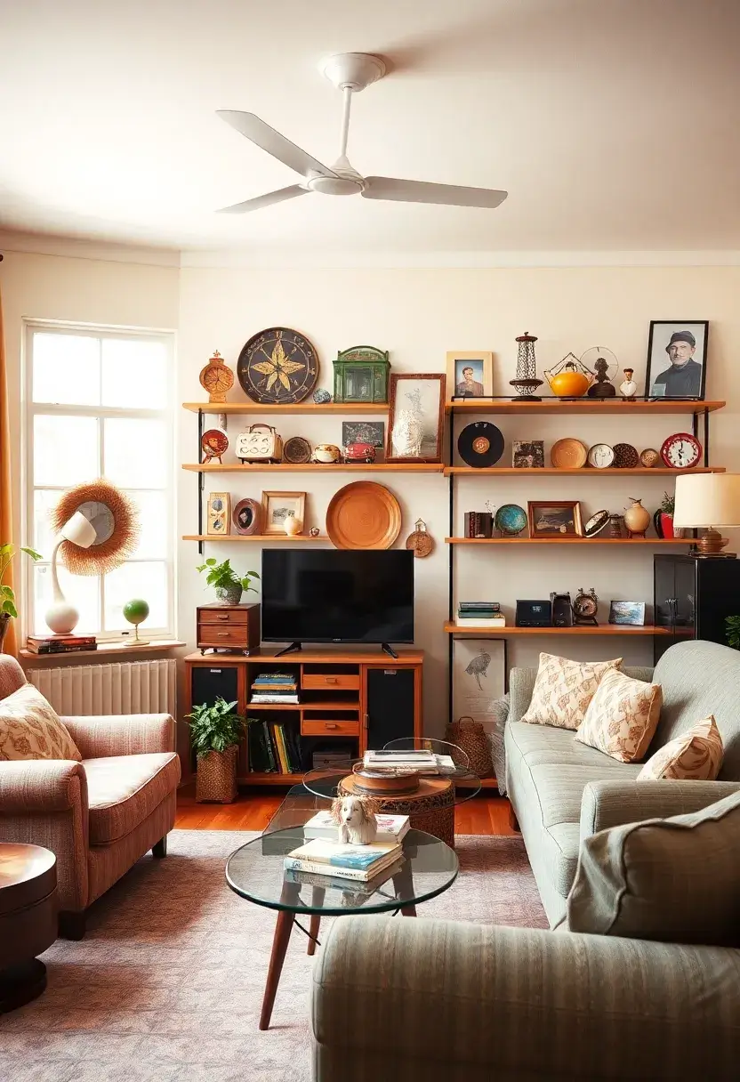 30+ Retro Living Room Ideas with a Nostalgic Twist - 18. Quirky Collectibles as Decor