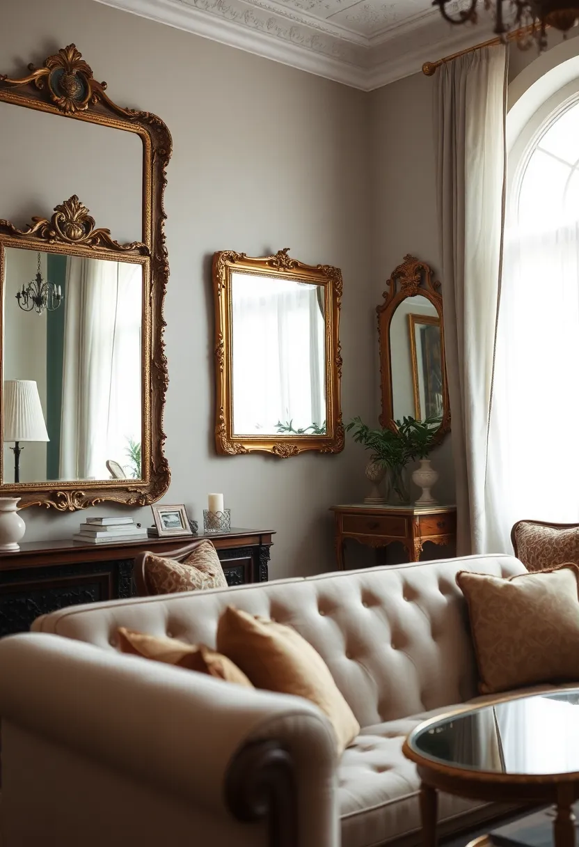 30+ Retro Living Room Ideas with a Nostalgic Twist - 20. Use Vintage Mirrors to Reflect Style