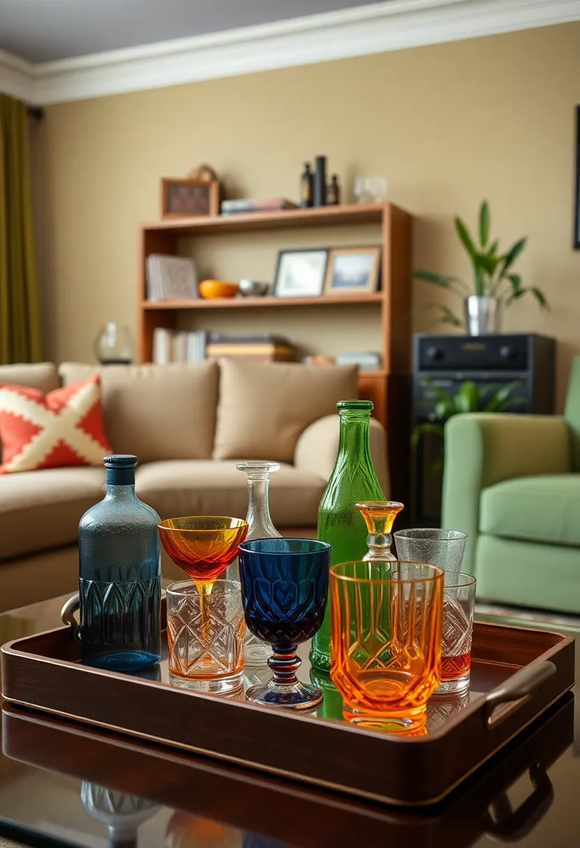 30+ Retro Living Room Ideas with a Nostalgic Twist - 23. Incorporate Fun Barware