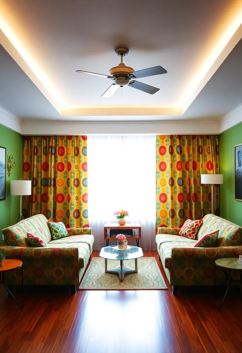 30+ Retro Living Room Ideas with a Nostalgic Twist - 26. Bring In Fun Patterns with Curtains