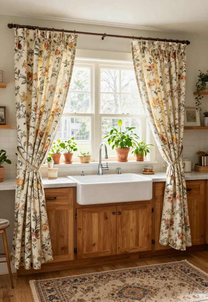 10 Curtain Ideas for Kitchen to Add Soft Practical Style - 5. Vintage Fabric Curtains 1
