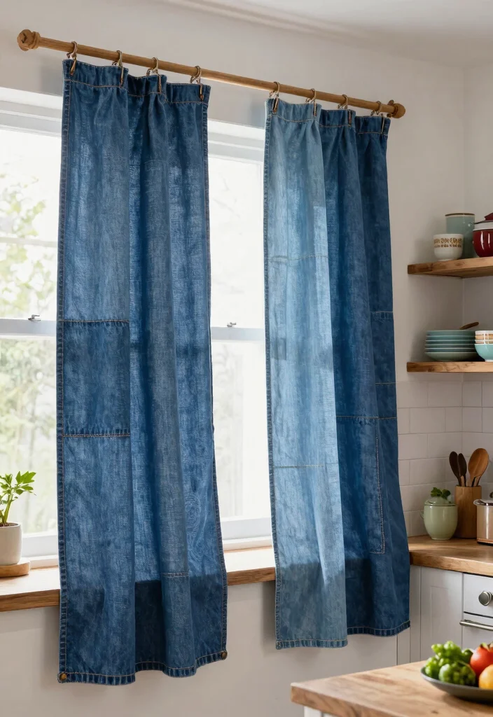 10 Curtain Ideas for Kitchen to Add Soft Practical Style - 6. Upcycled Denim Curtains 1
