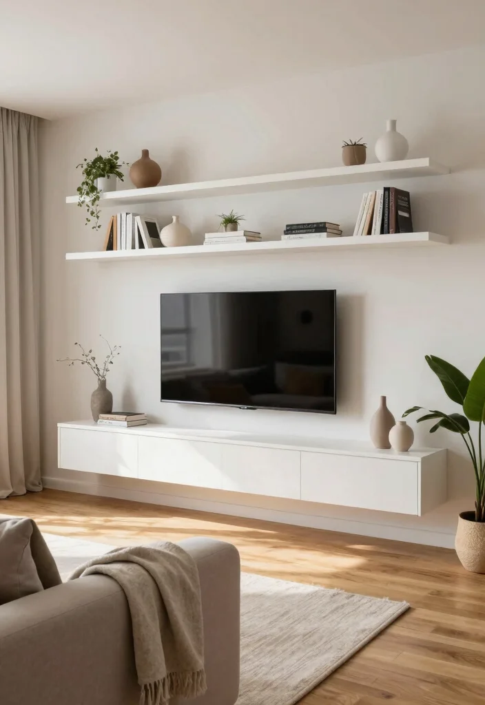 10 Hidden TV Cabinet Ideas for Seamless Living Room Design 12 10 Hidden TV Cabinet Ideas for Seamless Living Room Design - 2. Floating Shelves with Hidden TV 1
