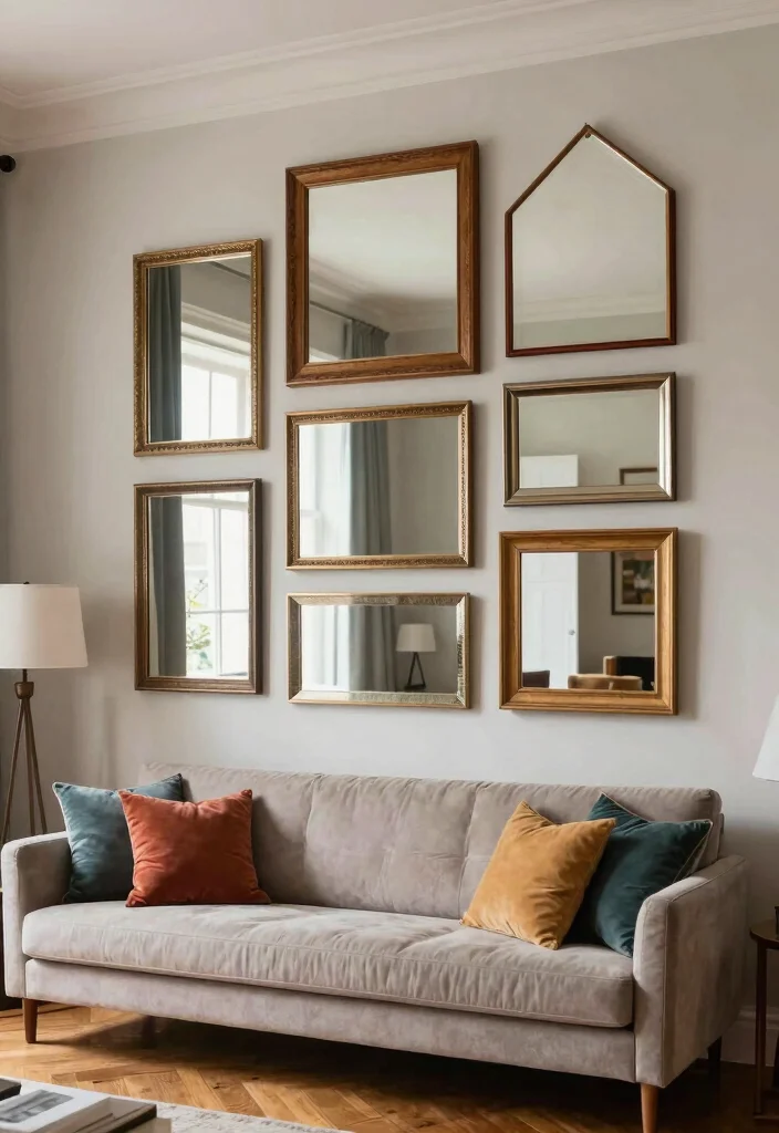 10 Mirror Wall Disguise Ideas for a More Balanced Living Space - 1. Layered Mirror Collage 1