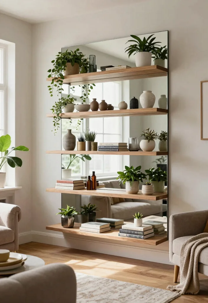 10 Mirror Wall Disguise Ideas for a More Balanced Living Space - 8. Mirror Integrated with Shelves 1