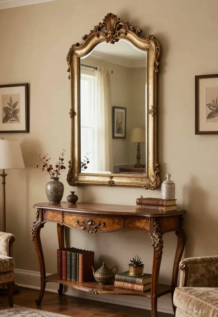 10 Mirror Wall Disguise Ideas for a More Balanced Living Space - 9. Vintage Mirror Styling 1