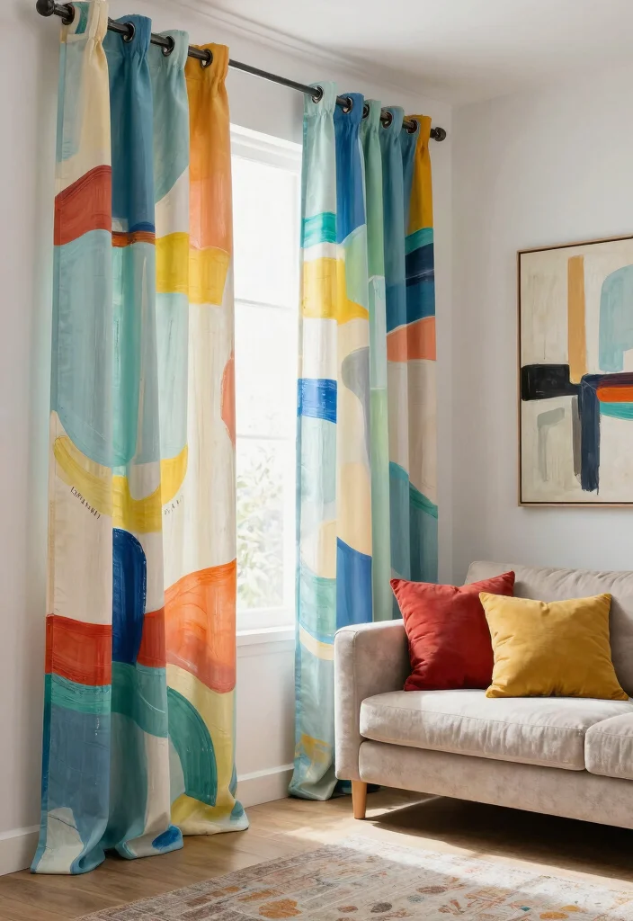 10 Single Window Curtain Ideas for Soft Natural Light - 8. Hand-painted Canvas Curtains 1