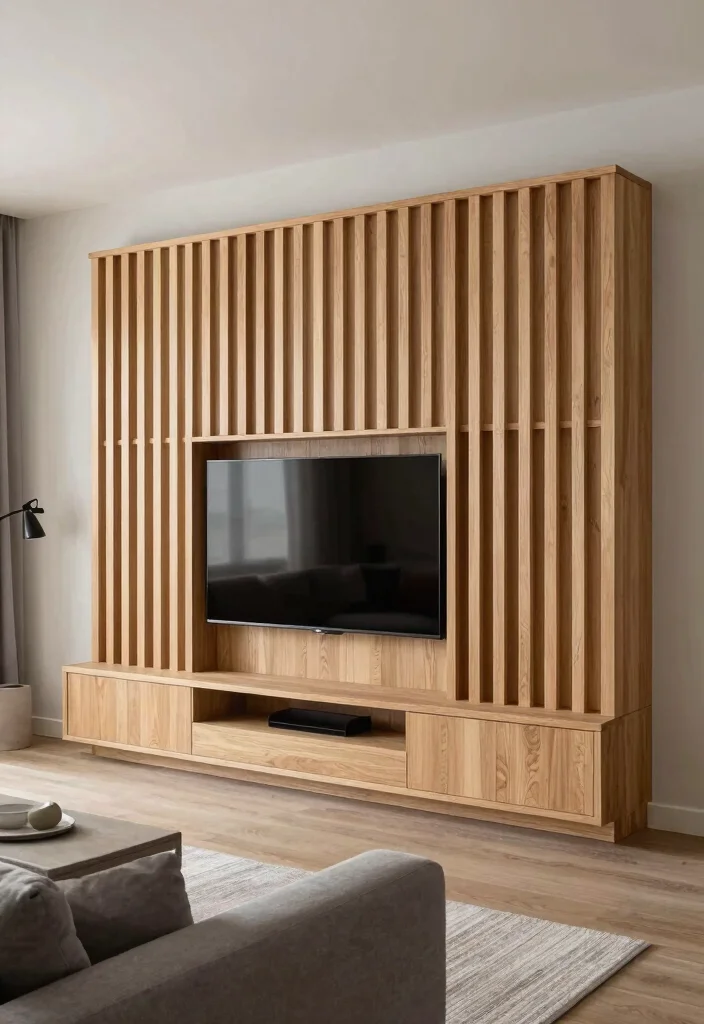 10 Sliding TV Cover Ideas for a Sleek Modern Entertainment Setup - 5. Vertical Slats 1