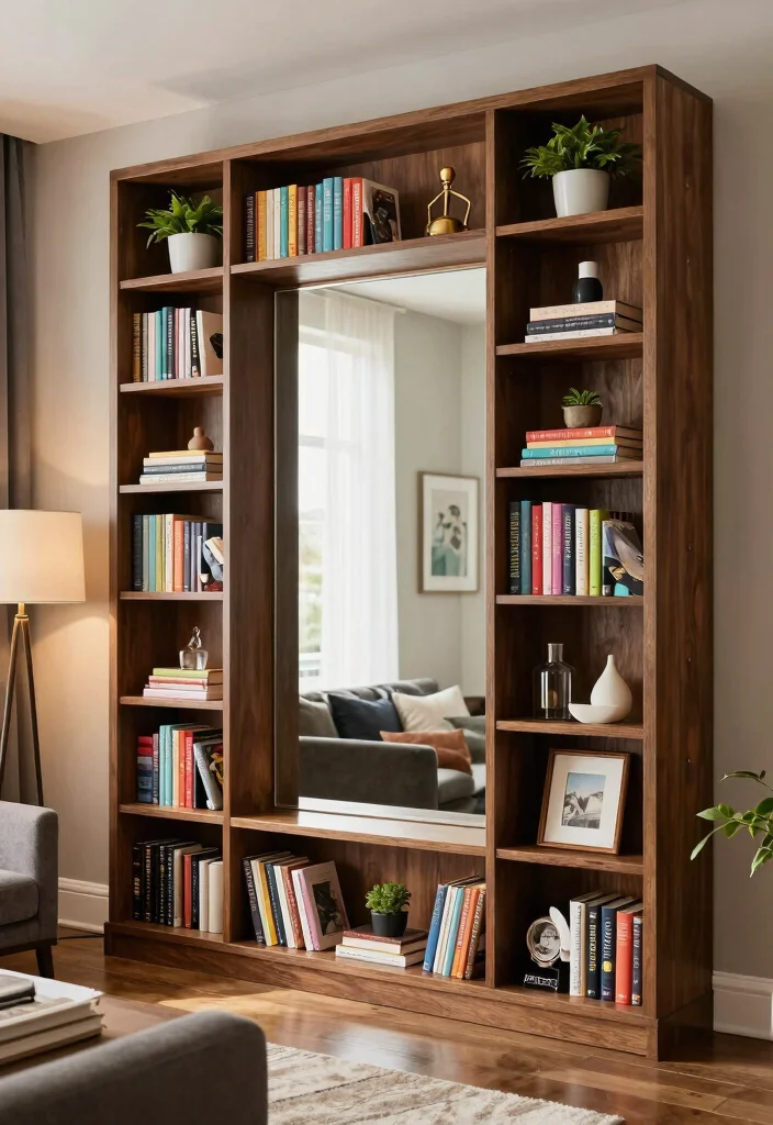 10 Smart Ways to Hide Large Living Room Mirrors with Style 45 10 Smart Ways to Hide Large Living Room Mirrors with Style - 5. Build a Customized Bookshelf 1