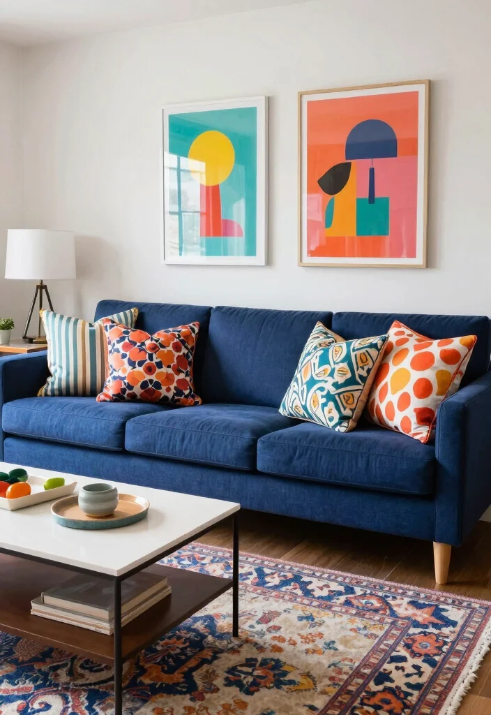 10 Styling Dark Blue Sofa Ideas for a Balanced Modern Room 12 10 Styling Dark Blue Sofa Ideas for a Balanced Modern Room - 2. Mix Patterns with Confidence 1