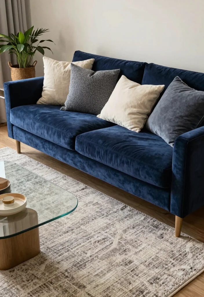 10 Styling Dark Blue Sofa Ideas for a Balanced Modern Room 23 10 Styling Dark Blue Sofa Ideas for a Balanced Modern Room - 3. Layer Textures for Depth 1