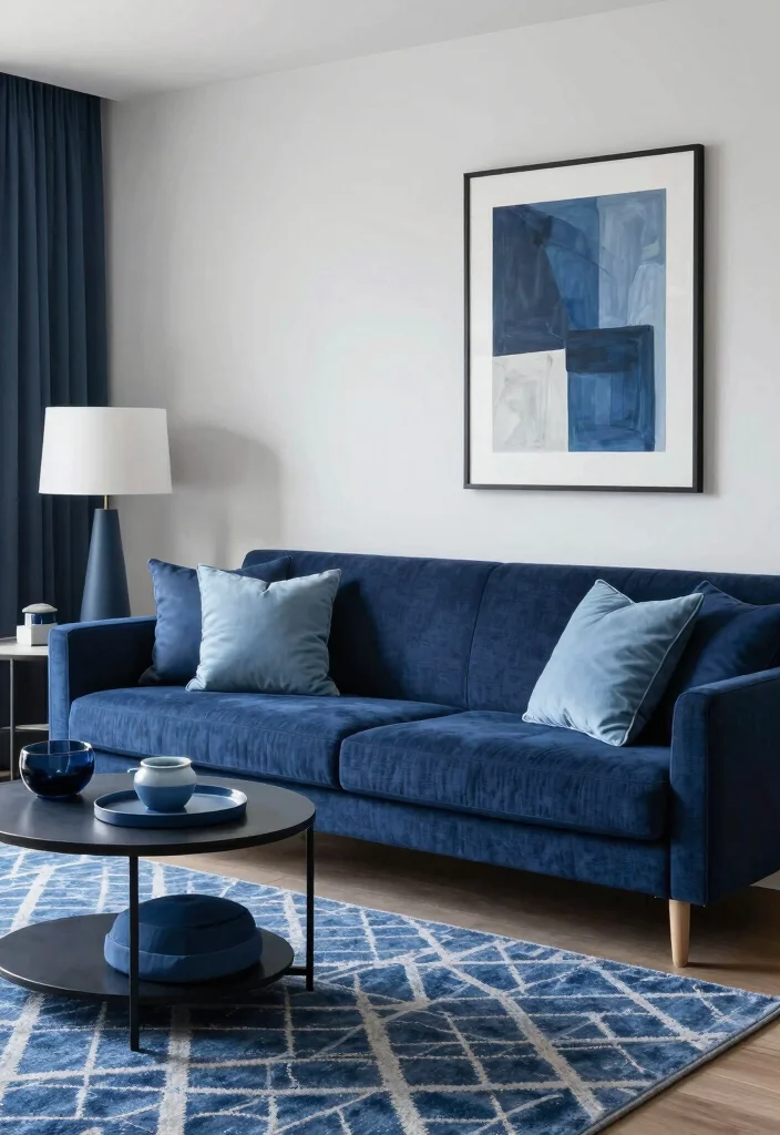 10 Styling Dark Blue Sofa Ideas for a Balanced Modern Room 34 10 Styling Dark Blue Sofa Ideas for a Balanced Modern Room - 4. Go Monochrome with Shades of Blue 1