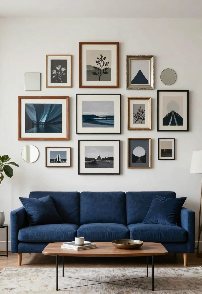10 Styling Dark Blue Sofa Ideas for a Balanced Modern Room 56 10 Styling Dark Blue Sofa Ideas for a Balanced Modern Room - 6. Create a Gallery Wall 1