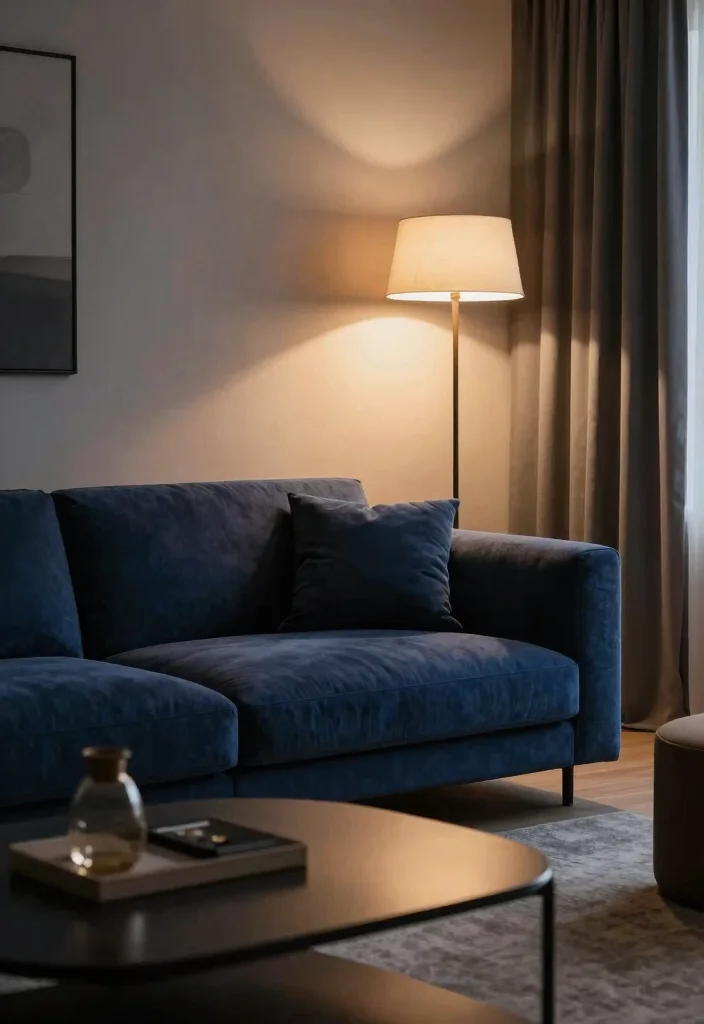 10 Styling Dark Blue Sofa Ideas for a Balanced Modern Room 67 10 Styling Dark Blue Sofa Ideas for a Balanced Modern Room - 7. Use Lighting to Highlight Your Sofa 1